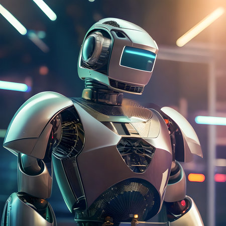 3d rendering robot or cyborg with bright lights in the background created with the help of artificial intelligence technologiesの素材