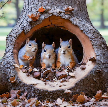 Three squirrels sitting in a hollow in an oak tree in autumn created with the help of artificial intelligence technologiesの素材