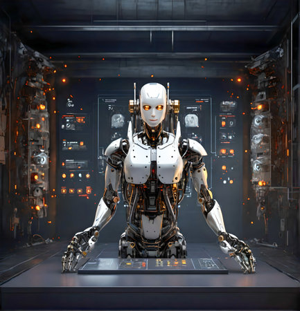 3D rendering of a female robot in a futuristic space station. created with the help of artificial intelligence technologiesの素材