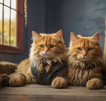 Two red Maine Coon cats sitting on wooden floor in front of window created with the help of artificial intelligence technologiesの素材
