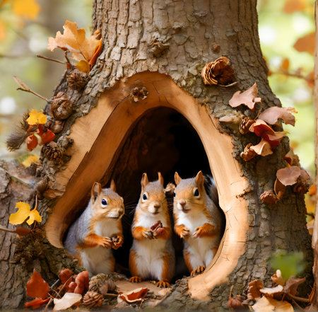 Three squirrels sitting in a hollow of a tree in autumn forest created with the help of artificial intelligence technologiesの素材