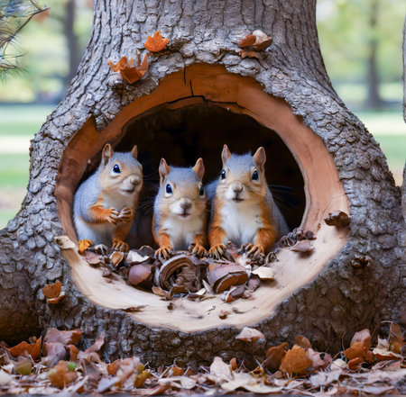 Three cute squirrels sitting in a hollow in an oak tree. created with the help of artificial intelligence technologiesの素材