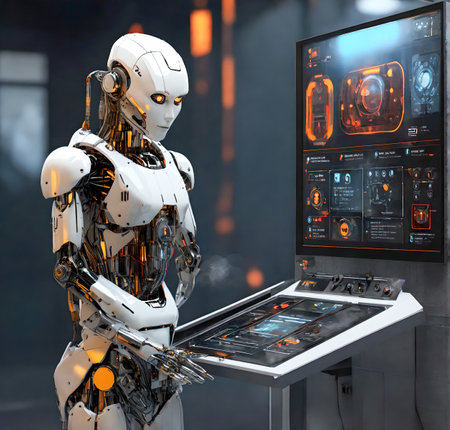 3d rendering humanoid robot working on a virtual screen of a room created with the help of artificial intelligence technologiesの素材