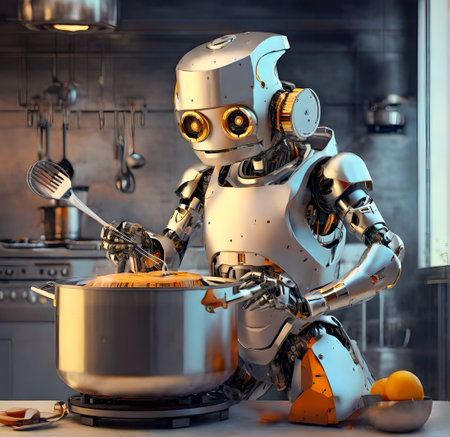Robot cooking in the kitchen. 3D rendering. Robot. created with the help of artificial intelligence technologiesの素材