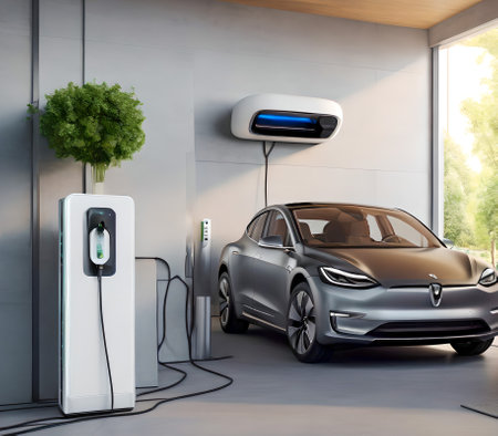 Electric car charging station. 3d rendering. Electric vehicle charging station. created with the help of artificial intelligence technologiesの素材