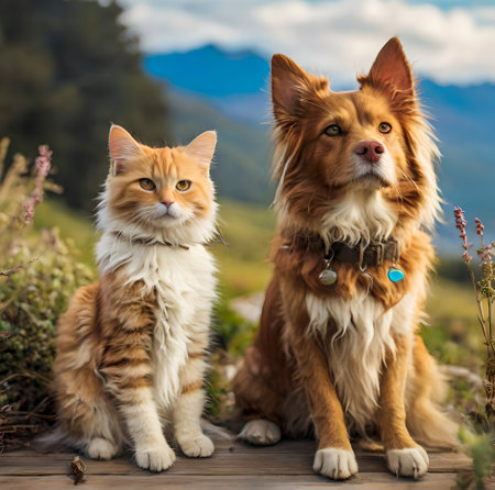 Red and white fluffy cat and red Maine Coon in the mountains created with the help of artificial intelligence technologiesの素材