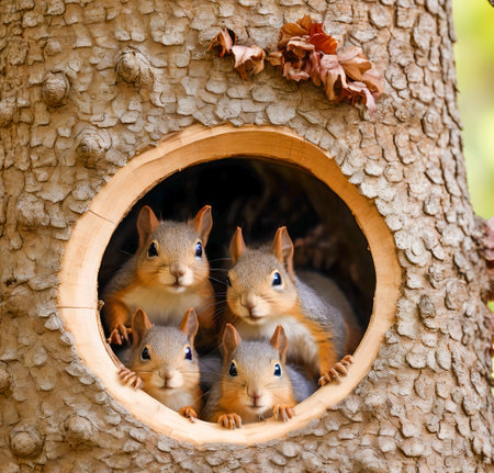 Three squirrels in the hollow of a tree, close-up created with the help of artificial intelligence technologiesの素材