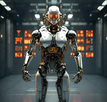 3d rendering humanoid robot in modern futuristic space. Technology concept. created with the help of artificial intelligence technologiesの素材
