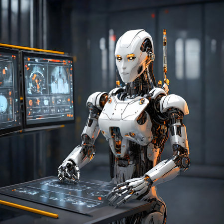 3d rendering humanoid robot working in a data center. Concept of artificial intelligence created with the help of artificial intelligence technologiesの素材