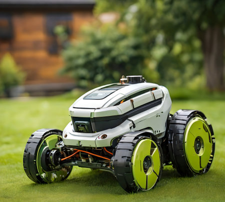 Close-up of lawn mower on green grass in the garden created with the help of artificial intelligence technologiesの素材