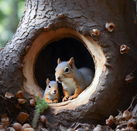 Squirrels in a hollow of a tree, close-up created with the help of artificial intelligence technologiesの素材