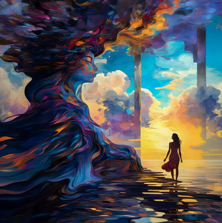 Beautiful woman in the sea at sunset. Conceptual illustration.の素材