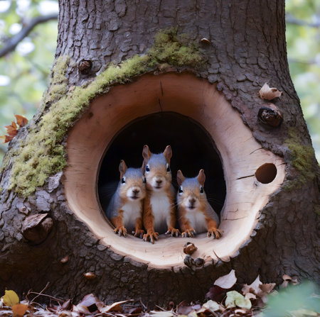 two little squirrels in a hollow of a tree in the forestの素材
