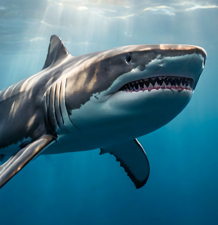 Great White Shark (Carcharodon carcharias). created with the help of artificial intelligence technologiesの素材