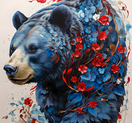 Colorful painting of a wild bear with flowers in the background.の素材