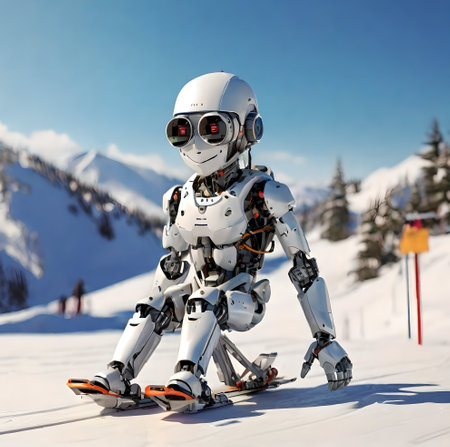 Robot on a ski slope in the mountains. 3d rendering. created with the help of artificial intelligence technologiesの素材