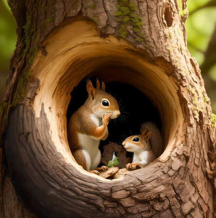 Squirrels in the hollow of a tree in the forest. created with the help of artificial intelligence technologiesの素材