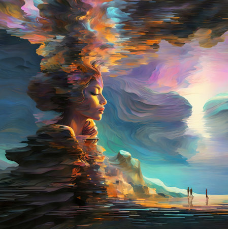 Digital painting of a beautiful woman in the ocean. Digital painting on canvas created with the help of artificial intelligence technologiesの素材