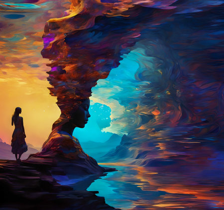 Fantasy landscape with a woman in a cave. Digital painting. created with the help of artificial intelligence technologiesの素材