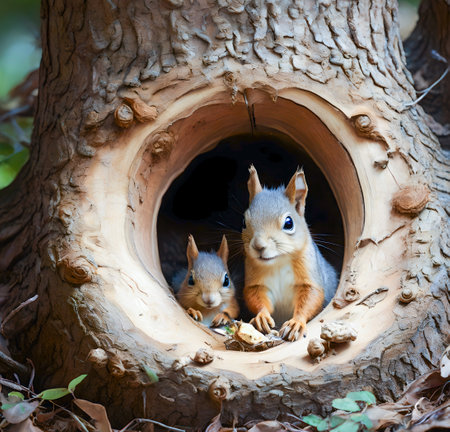 Cute squirrels in the hollow of a tree. Autumn season. created with the help of artificial intelligence technologiesの素材