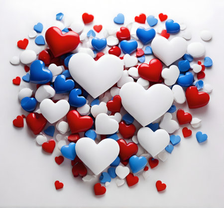 Red, white and blue hearts on a white background. 3d rendering created with the help of artificial intelligence technologiesの素材
