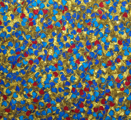Gold, red and blue hearts on a golden background. 3d rendering created with the help of artificial intelligence technologiesの素材