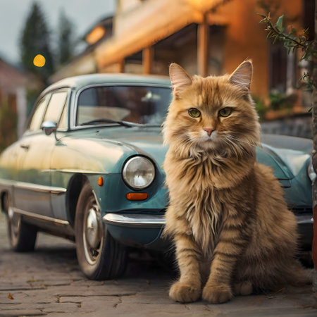 Persian cat sitting on the roof of an old car and looking at the camera created with the help of artificial intelligence technologiesの素材