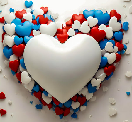 White heart with red, blue and white hearts on a white background created with the help of artificial intelligence technologiesの素材