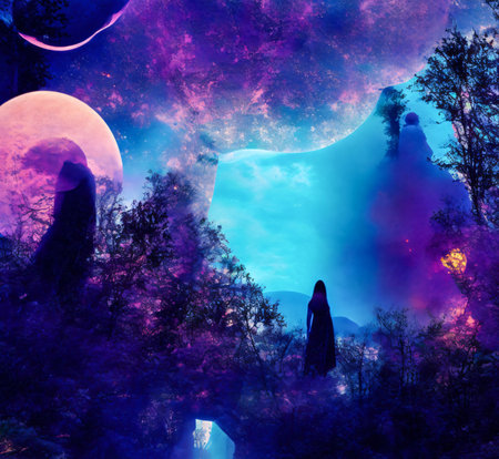 Mystical landscape with the image of a witch in the forest created with the help of artificial intelligence technologiesの素材