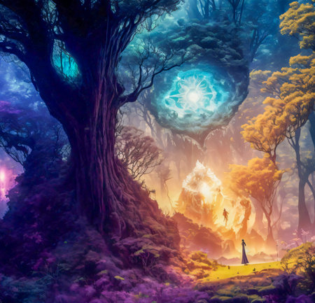 Fantasy landscape with a big tree and a man in the forest. created with the help of artificial intelligence technologiesの素材