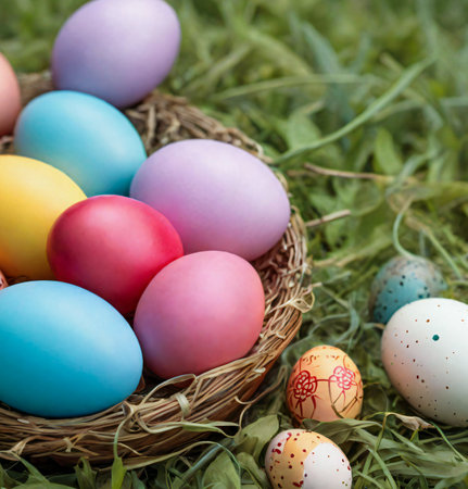 Colorful easter eggs in a basket on green grass background. created with the help of artificial intelligence technologiesの素材