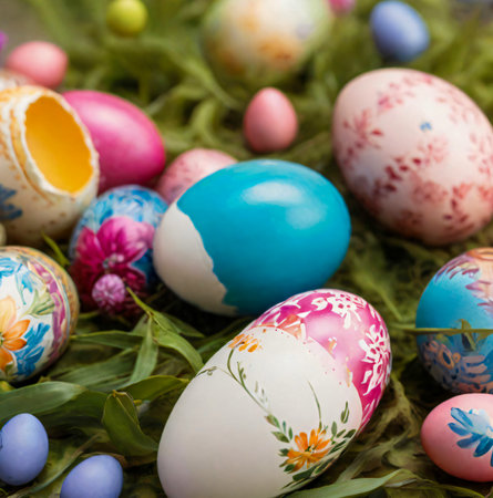Colorful easter eggs on green grass background. Happy Easter! created with the help of artificial intelligence technologiesの素材