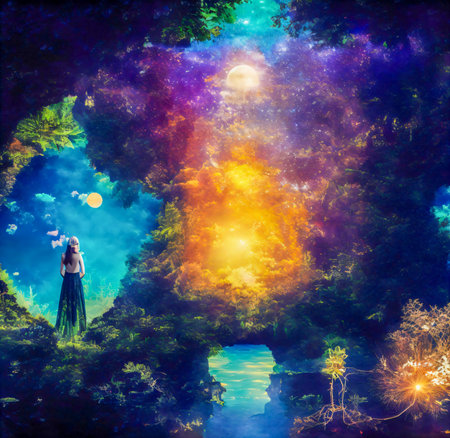 Mystical landscape with a woman in the middle of the forest created with the help of artificial intelligence technologiesの素材