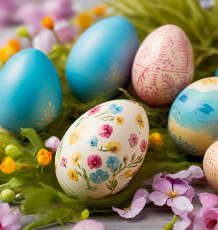 Easter eggs in the nest with spring flowers on a wooden background created with the help of artificial intelligence technologiesの素材