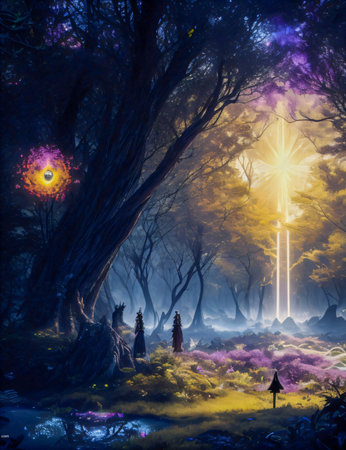 Mystical forest with a cross in the middle. Digital painting. created with the help of artificial intelligence technologiesの素材