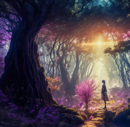 Beautiful fantasy landscape with a woman standing on the path through the forest created with the help of artificial intelligence technologiesの素材