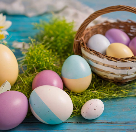 Easter eggs in a basket on a blue wooden background with grass created with the help of artificial intelligence technologiesの素材