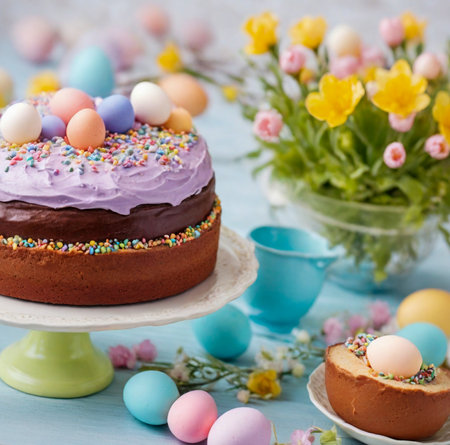 Easter cake with colored eggs and spring flowers on a blue background created with the help of artificial intelligence technologiesの素材