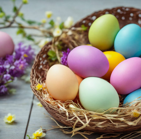 Colorful easter eggs in a basket on a wooden background. created with the help of artificial intelligence technologiesの素材