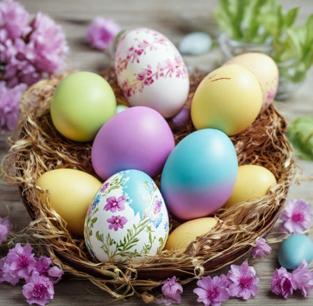 Colorful easter eggs in nest with spring flowers on wooden background created with the help of artificial intelligence technologiesの素材