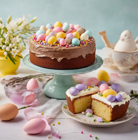 Easter cake with chocolate glaze and colored eggs, selective focus created with the help of artificial intelligence technologiesの素材