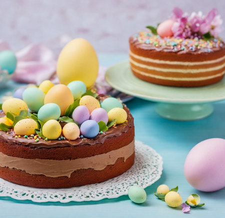 Easter cake with chocolate glaze and colorful eggs, selective focus. created with the help of artificial intelligence technologiesの素材