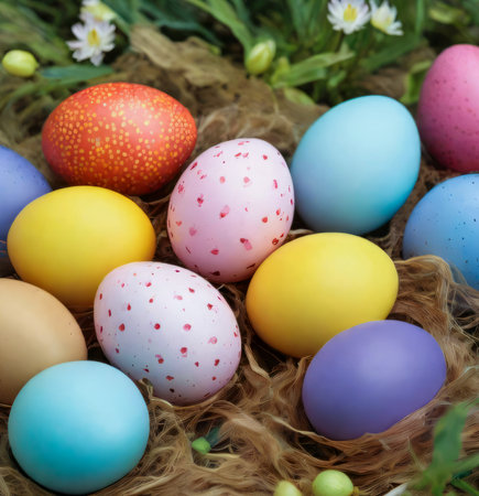 Colorful easter eggs in nest on green grass, closeup created with the help of artificial intelligence technologiesの素材