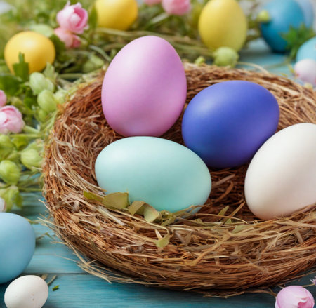 Colorful easter eggs in a nest on a blue wooden background created with the help of artificial intelligence technologiesの素材