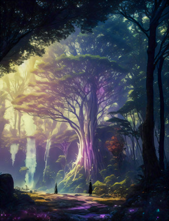 Beautiful fantasy forest with fog in the evening. Digital painting. created with the help of artificial intelligence technologiesの素材