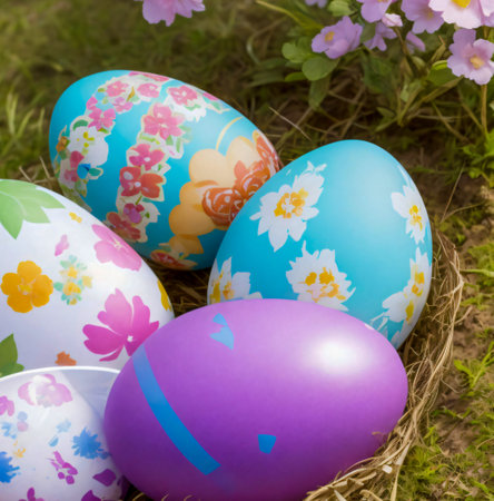 Colorful easter eggs in the grass with flowers on the background created with the help of artificial intelligence technologiesの素材