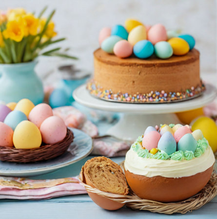Easter cake with butter cream and colored eggs, selective focus. created with the help of artificial intelligence technologiesの素材