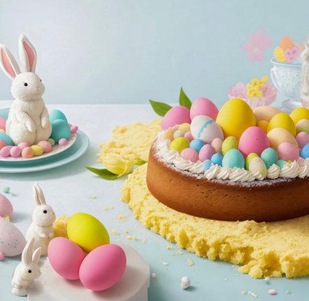Easter cake with chocolate eggs and bunnies, selective focus created with the help of artificial intelligence technologiesの素材