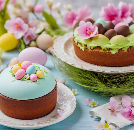 Easter cake with chocolate eggs and flowers on a blue wooden background created with the help of artificial intelligence technologiesの素材