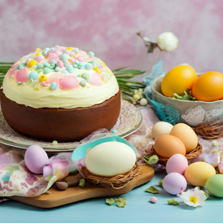 Easter cake with colored eggs and spring flowers on a blue wooden background created with the help of artificial intelligence technologiesの素材